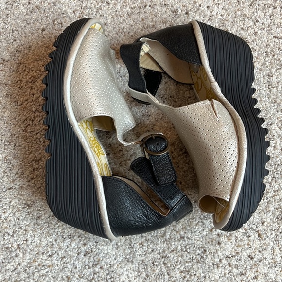 Fly London Black and Champagne Wedges - Picture 2 of 3